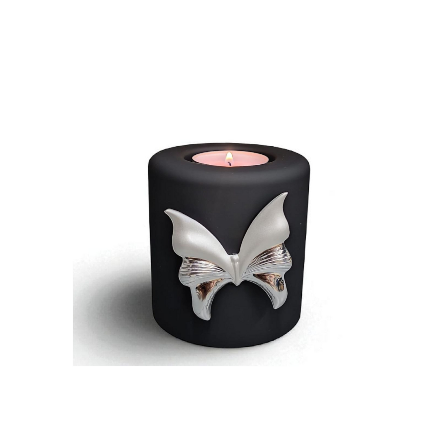 Mini urn met kaarshouder - Glas - Zwart met verzilverde vlinder - 180 ml - Urn voor mensen - Urn voor dieren - Incl. deksel, kaarsje & aszakje
