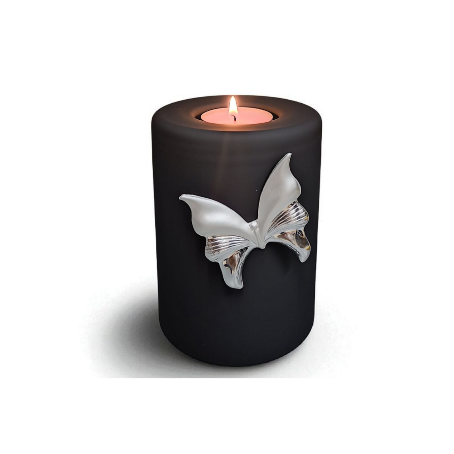 Mini urn met kaarshouder - Glas - Zwart met verzilverde vlinder - 400 ml - Urn voor mensen - Urn voor dieren - Incl. deksel, kaarsje & aszakje