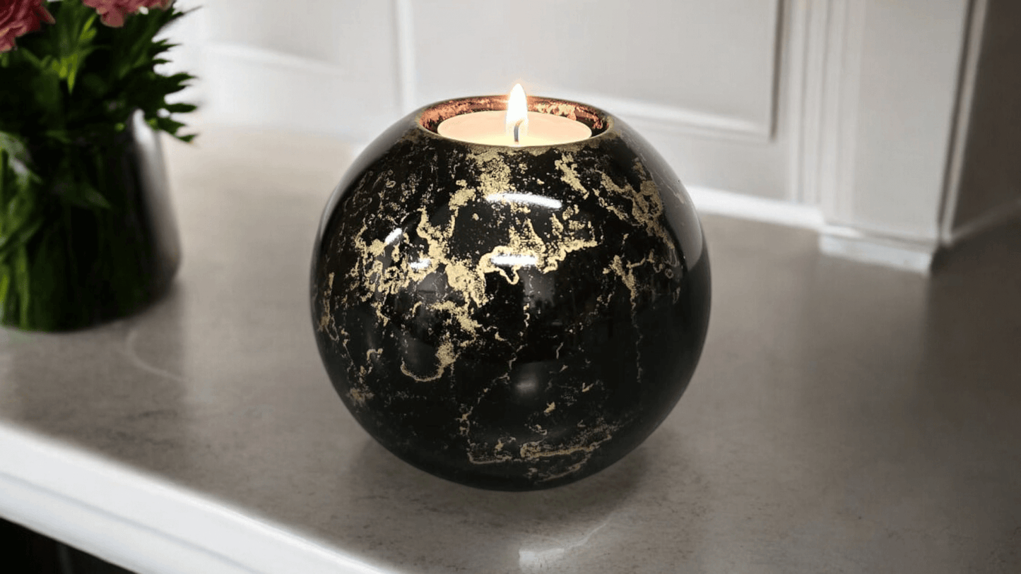 Urn met Kaarshouder - Glas – Bol Groot - Zwart en Goud - 500 ml