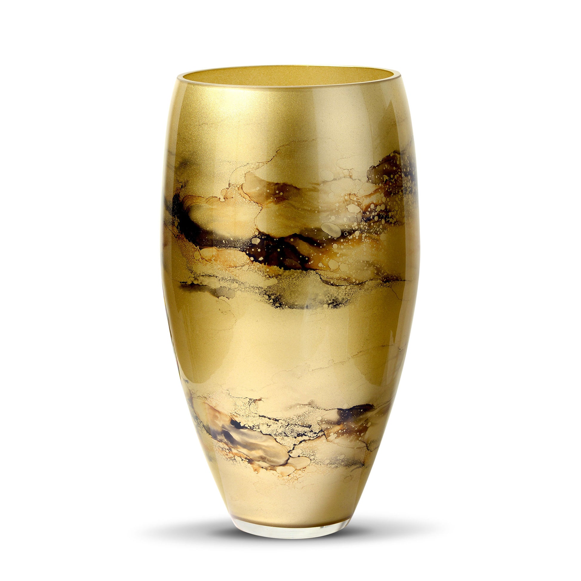 Luxe gouden vaas van handgeblazen glas, met de hand gedecoreerd voor een verfijnde en exclusieve uitstraling. Elegant en stijlvol design, perfect voor elk interieur