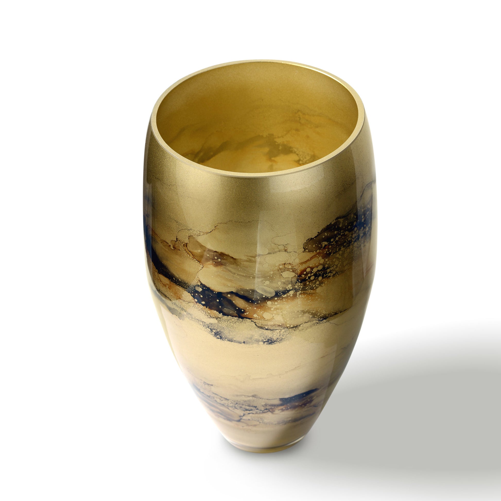 Luxe gouden vaas van handgeblazen glas, met de hand gedecoreerd voor een verfijnde en exclusieve uitstraling. Elegant en stijlvol design, perfect voor elk interieur