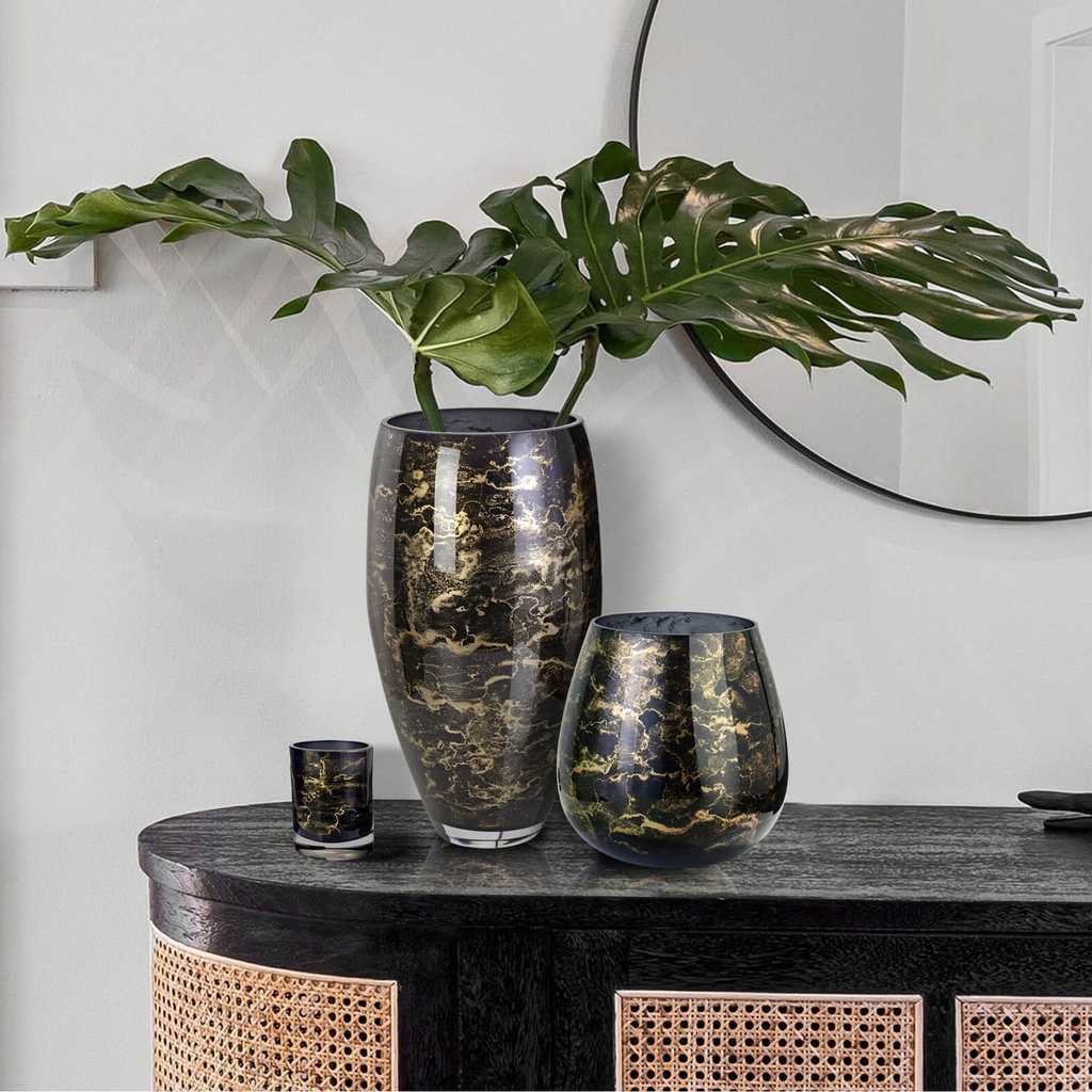 Vaas Zwart, Glas Marmer, Elegante, Hoogte 21 cm