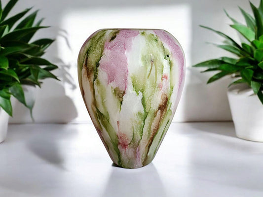 Handgemaakte Glazen Vaas - Roze Groen Marmerlook - 27 cm hoog - Uniek Design - Decoratief en Modern Interieur