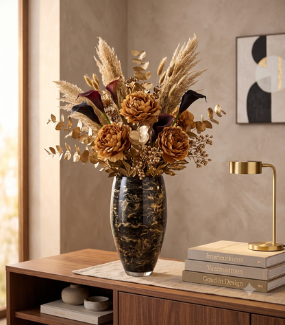 Vaas Zwart, Glas Marmer, Elegante, Hoogte 38 cm