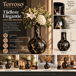 Terroso® Julia - Handgemaakte Glazen Vaas - Bloemenvaas - Zwart Glans - Interieur Woondecoratie - 36 cm Hoog