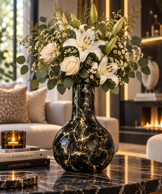 Terroso® Julia - Handgemaakte Glazen Vaas - Bloemenvaas - Zwart Glans - Interieur Woondecoratie - 36 cm Hoog