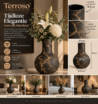 Terroso® Julia - Handgemaakte Glazen Vaas - Bloemenvaas - Zwart Mat - Interieur Woondecoratie - 36 cm Hoog