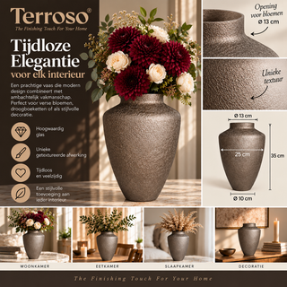 Terroso® Kaja - Handgemaakte Glazen Vaas - Bloemenvaas - Dark - Interieur Woondecoratie - 35 cm Hoog