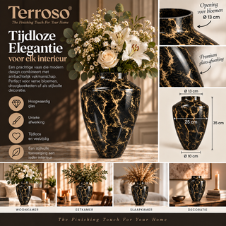 Terroso® Kaja - Handgemaakte Glazen Vaas - Bloemenvaas - Zwart Glans - Interieur Woondecoratie - 35 cm Hoog