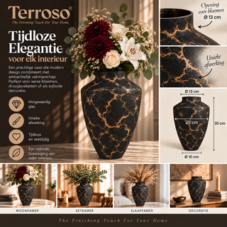 Terroso® Julia - Handgemaakte Glazen Vaas - Bloemenvaas - Zwart Mat - Interieur Woondecoratie - 36 cm Hoog