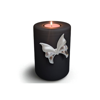 Mini urn met kaarshouder - Glas - Zwart met verzilverde vlinder - 400 ml