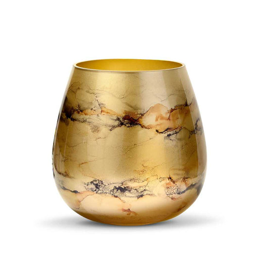 Luxe gouden vaas van handgeblazen glas, met de hand gedecoreerd voor een verfijnde en exclusieve uitstraling. Elegant en stijlvol design, perfect voor elk interieur