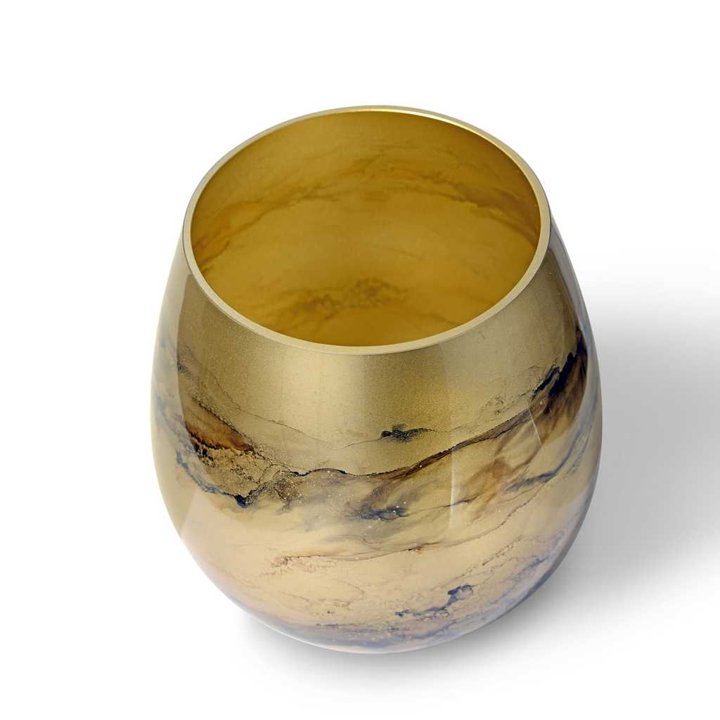 Luxe gouden vaas van handgeblazen glas, met de hand gedecoreerd voor een verfijnde en exclusieve uitstraling. Elegant en stijlvol design, perfect voor elk interieur
