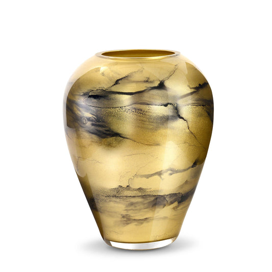 Luxe gouden vaas van handgeblazen glas, met de hand gedecoreerd voor een verfijnde en exclusieve uitstraling. Elegant en stijlvol design, perfect voor elk interieur