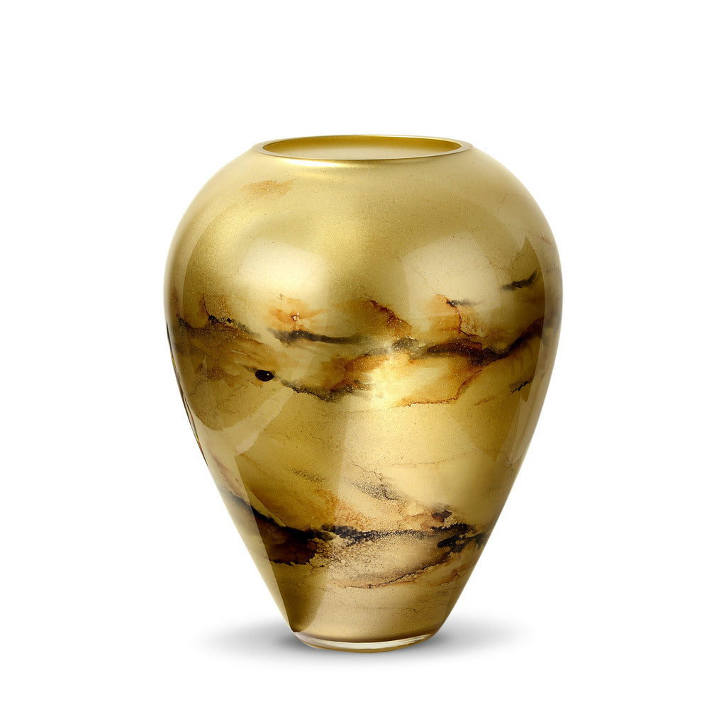 Luxe gouden vaas van handgeblazen glas, met de hand gedecoreerd voor een verfijnde en exclusieve uitstraling. Elegant en stijlvol design, perfect voor elk interieur