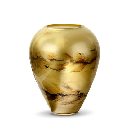 Luxe gouden vaas van handgeblazen glas, met de hand gedecoreerd voor een verfijnde en exclusieve uitstraling. Elegant en stijlvol design, perfect voor elk interieur