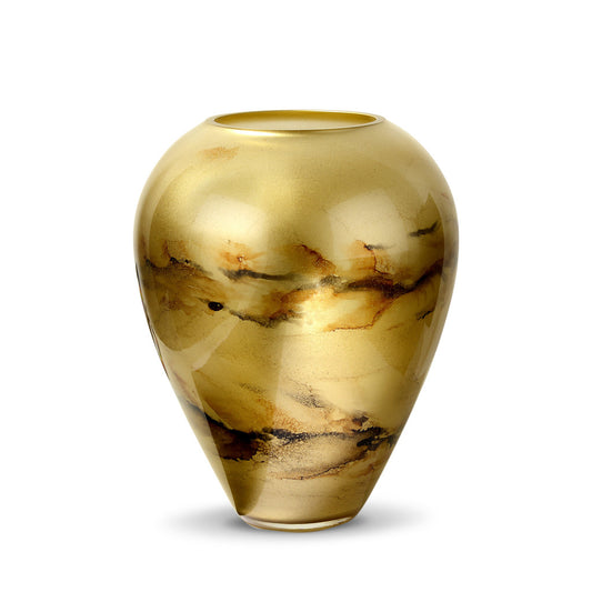 Luxe gouden vaas van handgeblazen glas, met de hand gedecoreerd voor een verfijnde en exclusieve uitstraling. Elegant en stijlvol design, perfect voor elk interieur