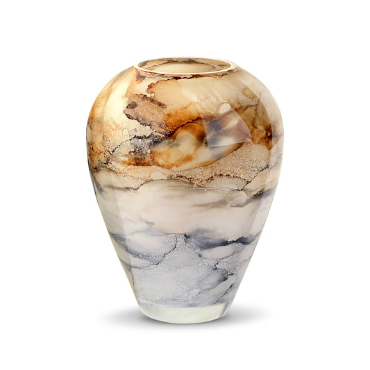 Luxe sand vaas van handgeblazen glas, met de hand gedecoreerd voor een verfijnde en exclusieve uitstraling. Elegant en stijlvol design, perfect voor elk interieur